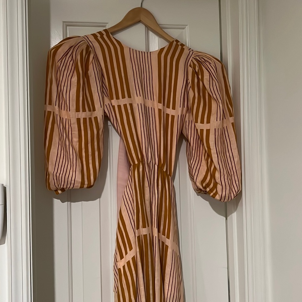 Johanna Ortiz Pink and Tan Linen Maxi Dress with Puff Sleeves